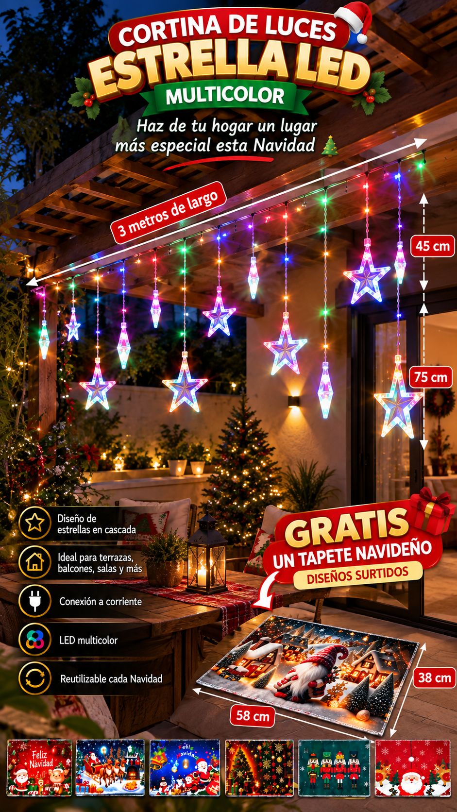 Cortina de Luces Estrella LED Multicolor 3 m con Tapete Navideño